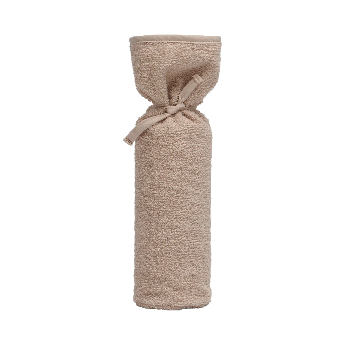 Badstof kruikenzak met naam – Beige; afgebeeld zonder personalisatie.