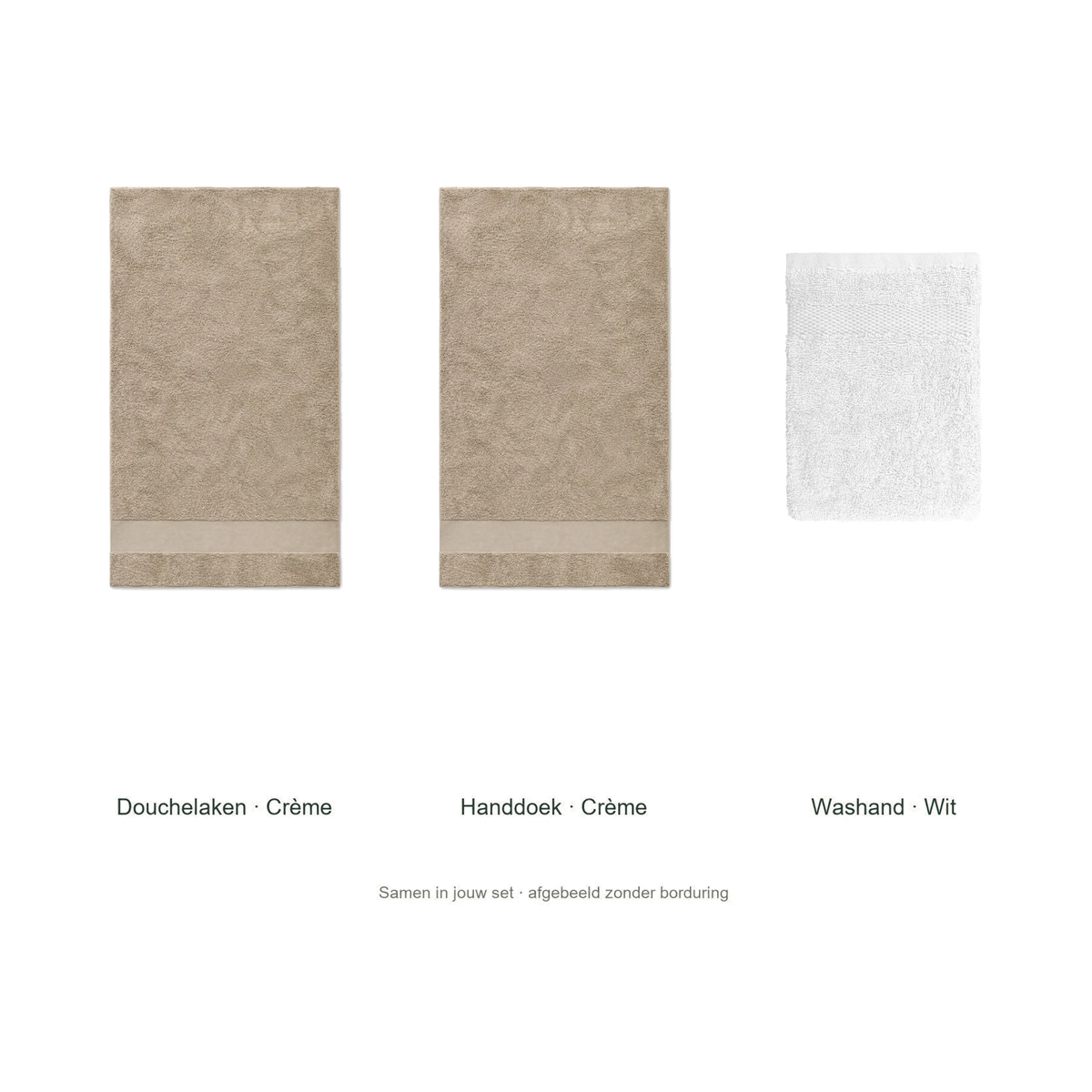Badtextielset met naam — douchelaken, handdoek & washand