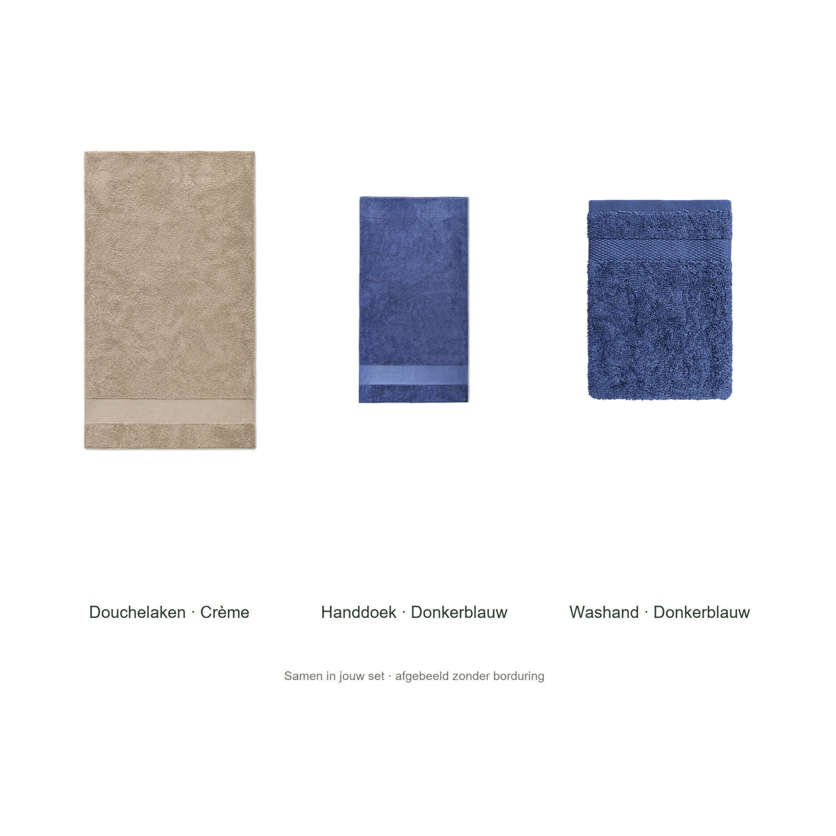 Badtextielset met naam — douchelaken, handdoek & washand