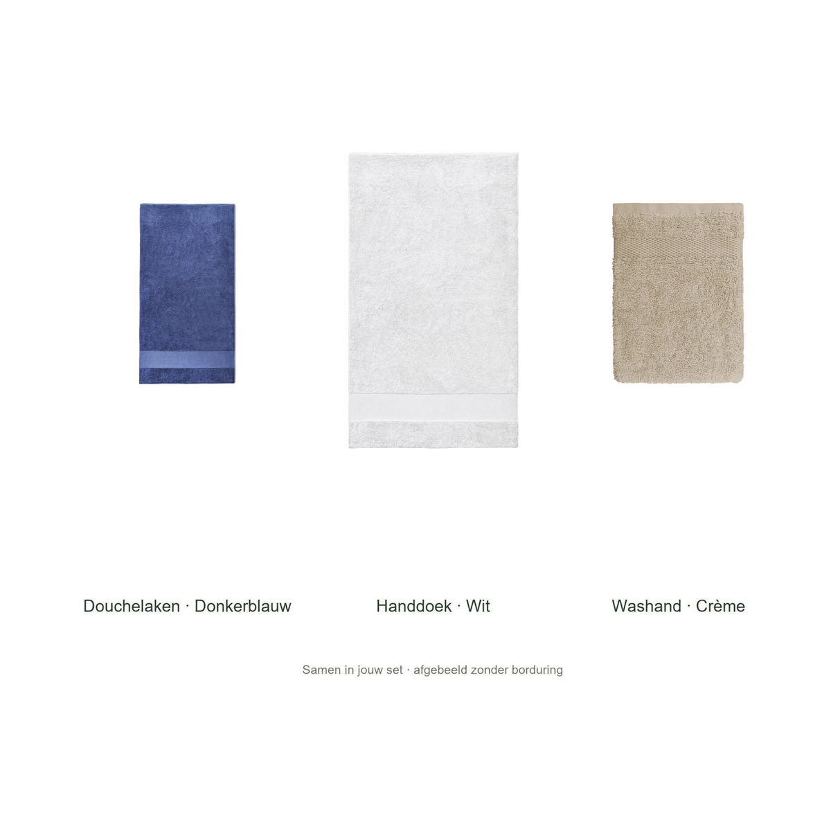 Badtextielset met naam — douchelaken, handdoek & washand