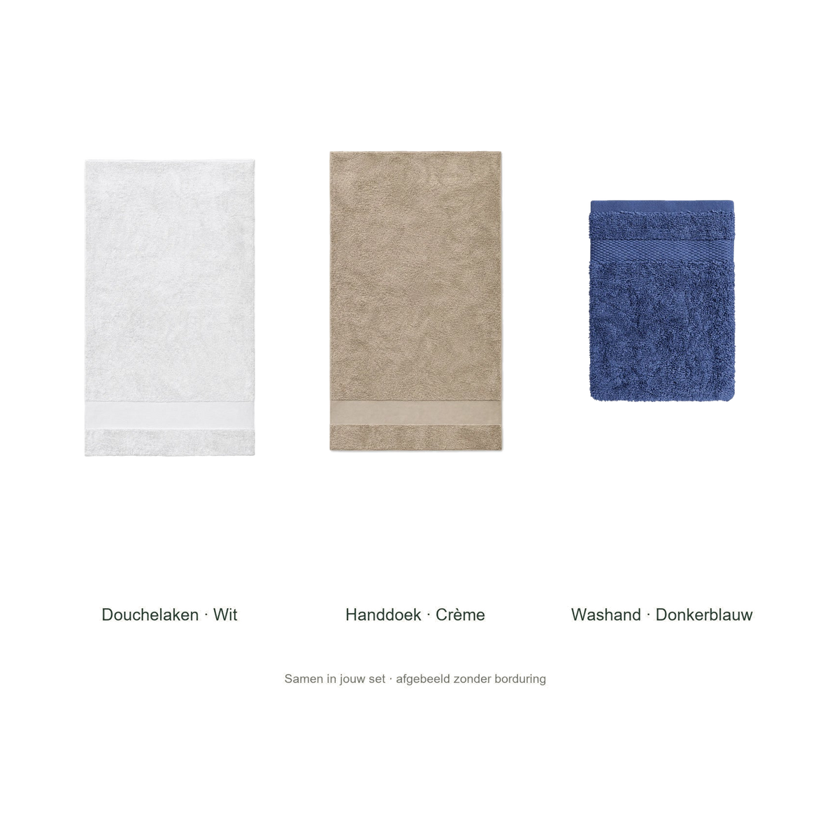 Badtextielset met naam — douchelaken, handdoek & washand