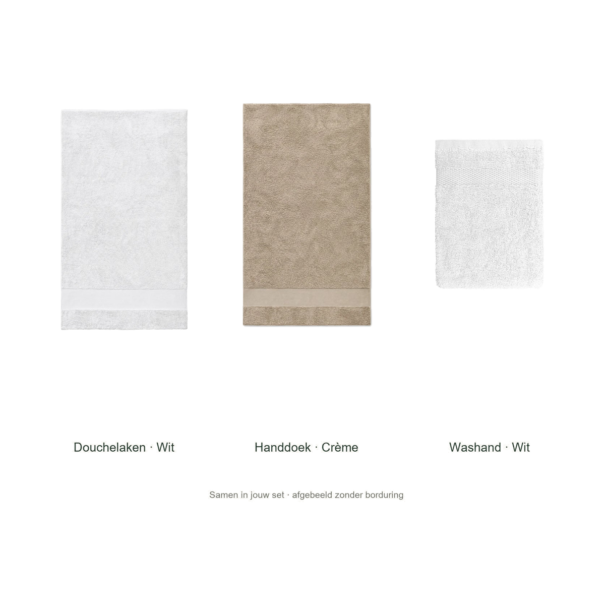 Badtextielset met naam — douchelaken, handdoek & washand