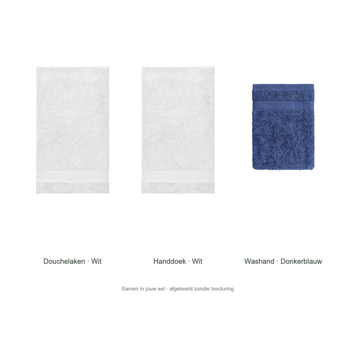 Badtextielset met naam — douchelaken, handdoek & washand