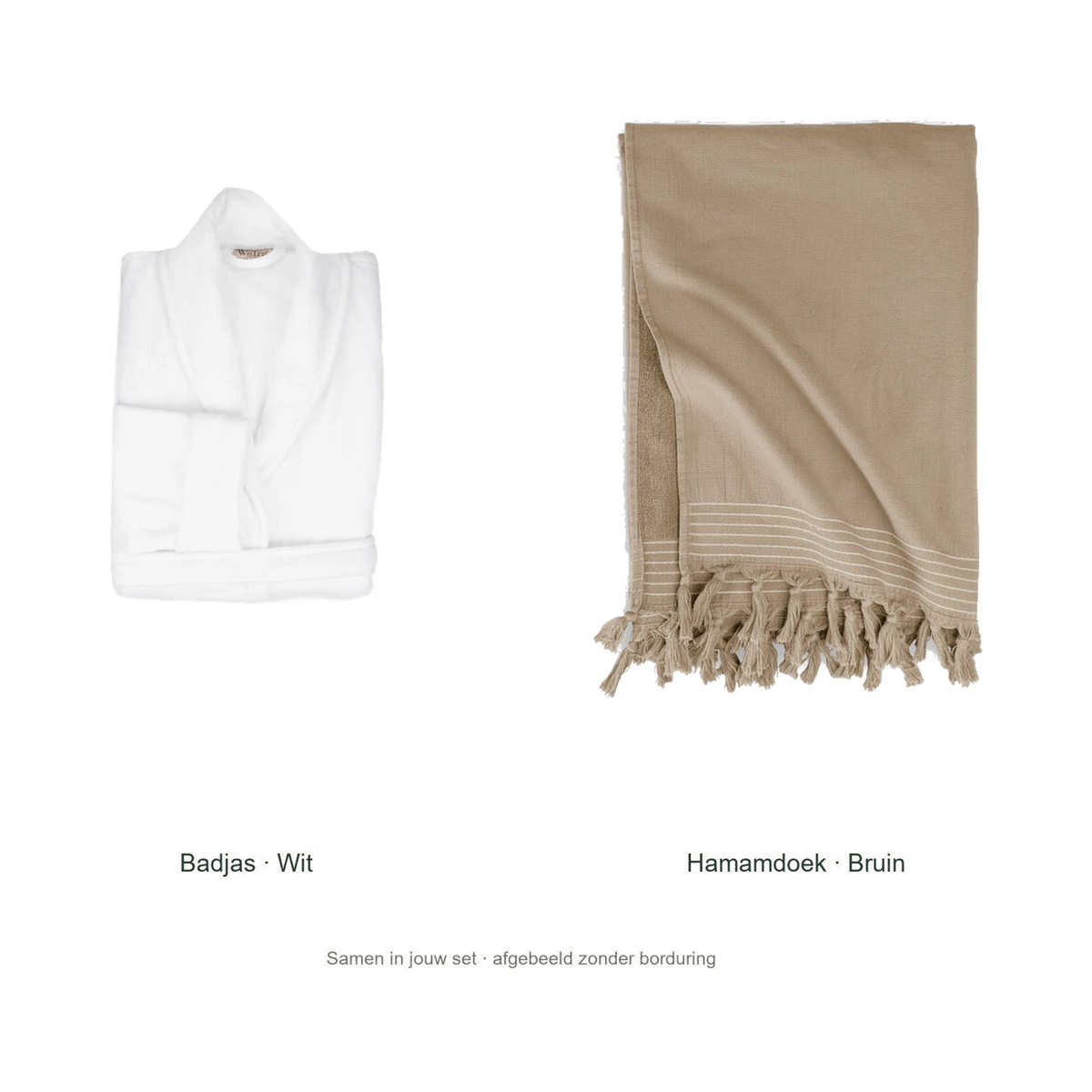 Walra wellnessset, oorspronkelijke blanco badjas en hamamdoek zonder voorbeeldborduring