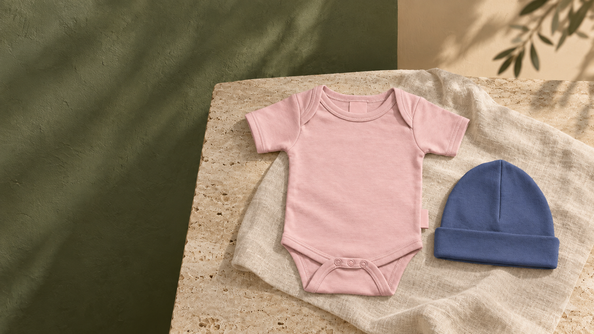 Roze Funnies romper en blauwe babymuts