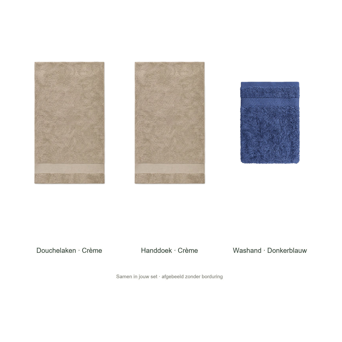 Badtextielset met naam — douchelaken, handdoek & washand