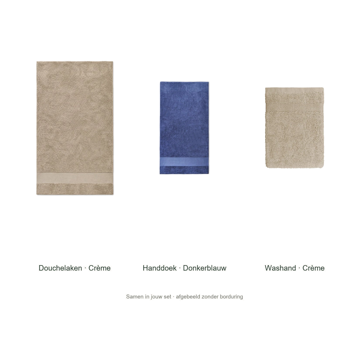 Badtextielset met naam — douchelaken, handdoek & washand