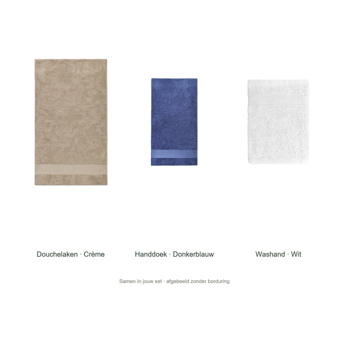 Badtextielset met naam — douchelaken, handdoek & washand