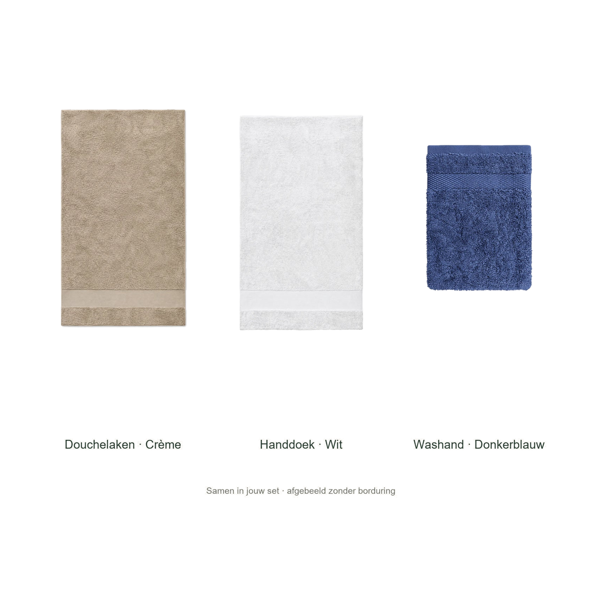 Badtextielset met naam — douchelaken, handdoek & washand