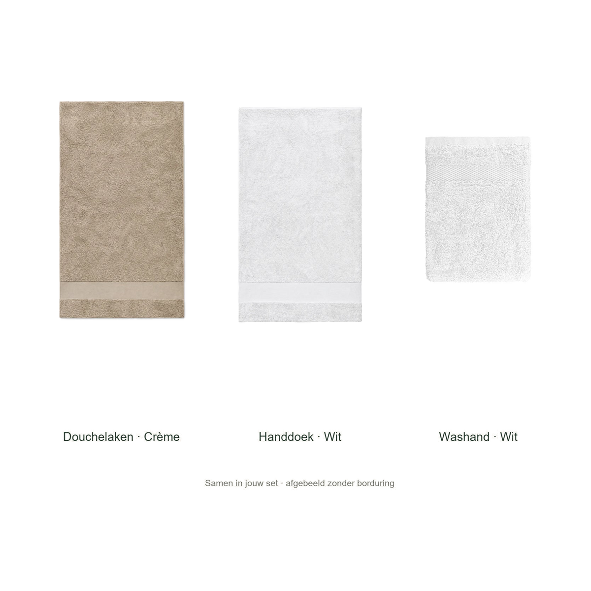 Badtextielset met naam — douchelaken, handdoek & washand