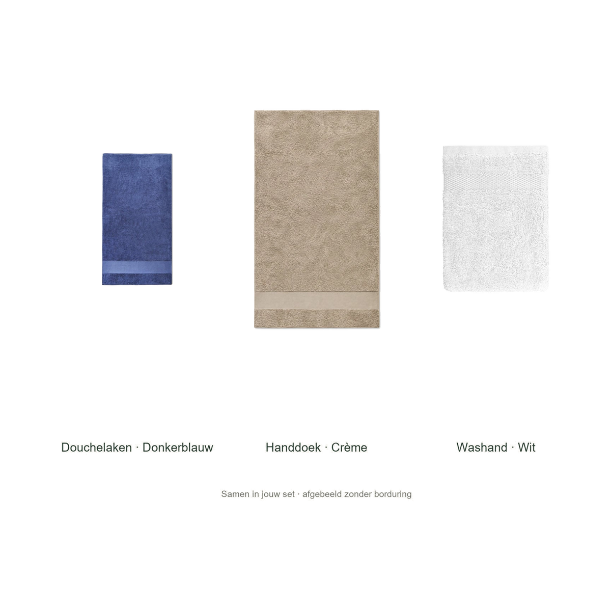 Badtextielset met naam — douchelaken, handdoek & washand