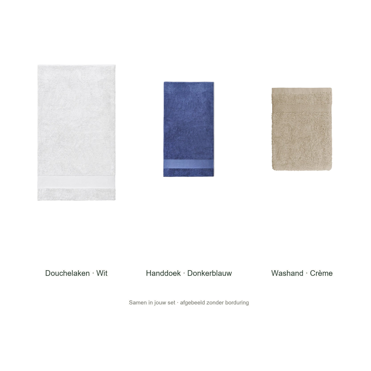 Badtextielset met naam — douchelaken, handdoek & washand