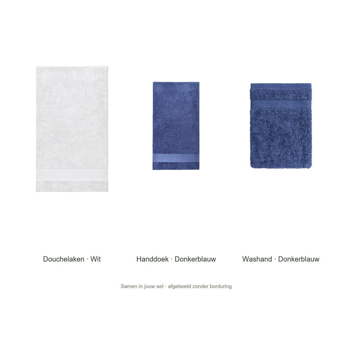 Badtextielset met naam — douchelaken, handdoek & washand