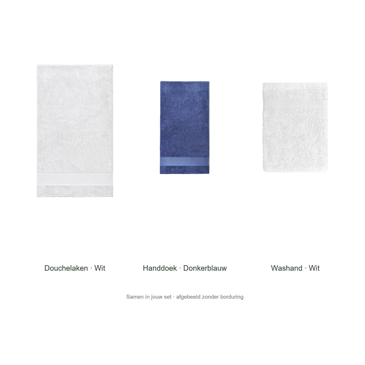 Badtextielset met naam — douchelaken, handdoek & washand