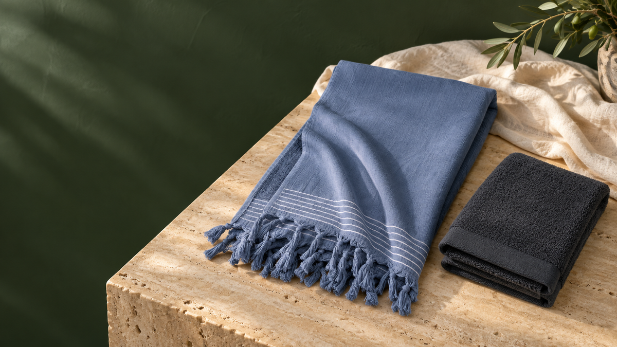 Blauwe Walra hamamdoek en antraciet gastendoek